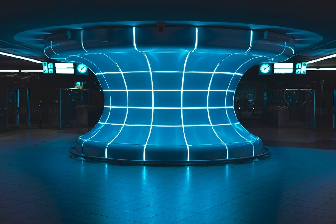 Empty television news studio desk with lighting