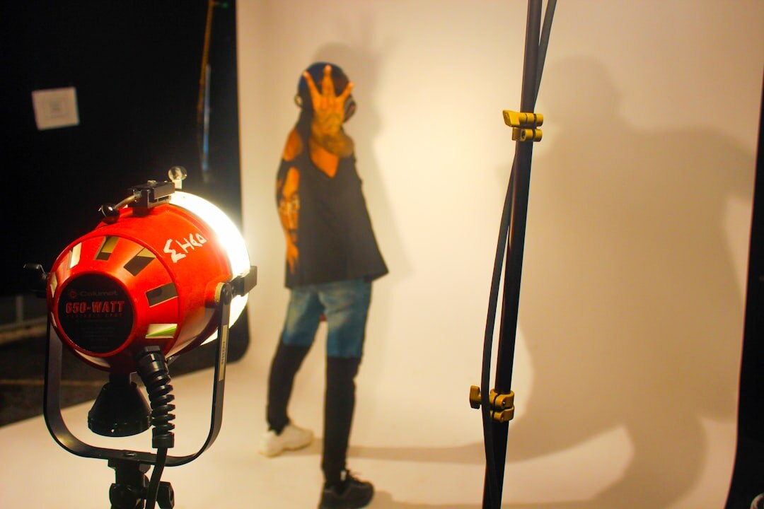 Studio lighting rig with softboxes and spotlights